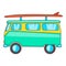 Bus with surfboard icon, cartoon style