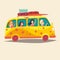 Bus, traveling happy people. Hippie camper bus. Tourism, cartoon character young hippie