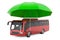 Bus under umbrella. Passenger Transportation Insurance concept. 3D rendering
