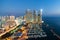 Busan city skyline view at Haeundae district, Gwangalli Beach with yacht pier at Busan, South Korea