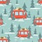 Buses, fir trees, snow, seamless pattern