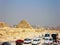 Buses - waiting for tourists near the Great Pyramid of Giza in Cairo, Egypt