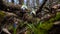 Bush of common snowdrop bloom in fallen tree log, trunk and twigs, full blossom macro, seasonal pagan nature awakening concept