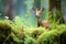 bushbuck standing alert amidst ferns and moss