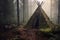 Bushcraft wickiup shelter in the forest. Generative AI