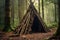 Bushcraft wickiup shelter in the forest. Generative AI