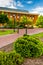 Bushes and buildings at John Hopkins University in Baltimore, Ma