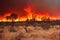 Bushfire apocalypse in forest with big destruction background. Deforestation firestorm environmental ecology hazard with