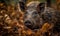 Bushpig perfectly camouflaged in the dense undergrowth of the African savanna. Composition captures the essence of this animal