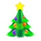 Bushy Christmas tree decorated with balls and a star on light background. Fluffy vector illustration
