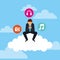 Businesman sitting cloud with mobile and social media icons