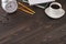 Business accessories on a office a dark wooden table