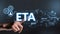 Business acronym ETA or Estimated Time of Arrival. Hand touches the display