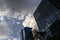 Business airliner flies over the roof of office building in Faria Lima Avenue, west side of Sao Paulo city