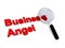 Business angel with magnifying glass on white