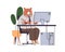 Business animal works at computer desk. Anthropomorphic bear, office worker sitting at table. Employee, executive