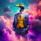 Business anthropomorphic duck in a suit standing in pink neon sky