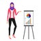 Business arab woman character with hijab. Smiling girl in hijab pointing is working. Young Arabic business woman wearing