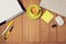 Business background with tablet, keyboard and coffee cup. View from above