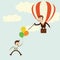 Business with balloons with rival enemy popping with needle.