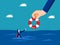 Business bankruptcy assistance concept. businessman on a paper boat and rescues a drowning man