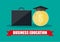 Business briefcase, graduation cap, gold coin