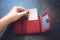 Business card mockup. Women hand holding paper blank business card in red leather wallet
