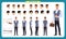 Business casual fashion. Front, side, back view animated character. Manager character constructor with various views, hairstyles