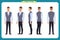 Business casual fashion.Young man for animation. Front, side, back, character. Parts of body. Cartoon style, flat vector