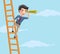 Business character looking vector concept. Male business character climbing in ladder while holding telescope.
