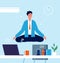 Business character yoga. Manager sitting on office table in lotus pose stress at work business concept vector pictures