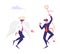 Business Characters Angel and Demon Arguing in Heaven. Cheerful Satan with Horns Holding Pitchfork and Holy Spirit