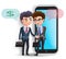 Business characters mobile agreement vector concept. Two businessman character handshake for online.