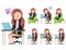 Business characters working in office desk vector set. Female office character typing, calling and thinking.