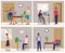 Business characters working in office workplace. Businesspeople office life, set of four scenes