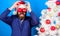 Business and christmas concept. Santa hold christmas ball decoration. Holidays meant for fun. Businessman join christmas