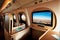 business-class cabin with luxurious leather seats, full entertainment system, and dining options