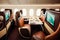 business-class cabin with luxurious leather seats, full entertainment system, and dining options