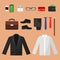 Business clothes. Fashion for office managers male pants shirt watches belt socks and other vector top view items