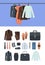 Business clothes. Male and female textile business office style elegant shirts pants belt shoe skirt garish vector flat