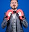 Business coach. businessman in formal suit and bow tie. bearded man in boxing gloves punching. Business and sport