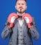 Business coach. businessman in formal suit and bow tie. bearded man in boxing gloves punching. Business and sport