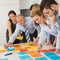 Business Colleagues Arranging Labels On Table