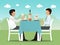 Business communication meeting in cafe vector illustration. Two businessmen meeting and sitting at cafe table. Business