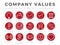 Business Company Core Values Outline Icon Set. Innovation, Leadership, Security, Reliability, Legal, Accountability, Simplicity, Q