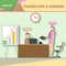 Business company roles situation infographics with boss and talking with a customer and secretary at work