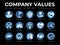 Business Company Values Icon Set. Integrity, Leadership, Boldness, Value, Respect, Quality, Teamwork, Positivity, Passion,