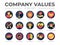 Business Company Values Round Colorful Icon Set. Integrity, Leadership, Boldness, Value, Respect, Quality, Teamwork, Positivity,