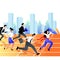 Business competition win concept. Group of business people race on the stadium sports track. Vector flat illustration