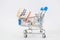 Business concept.500 hryvnia in a shopping trolley on a white background. Finance crisis in Ukraine, the fall of the hryvnia to th